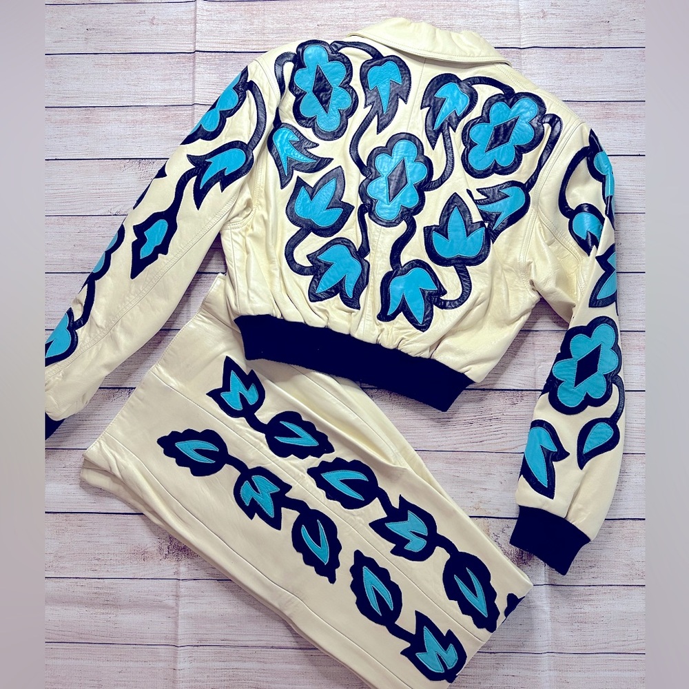 Michael Hoban North Beach Vintage Leather Jacket - Cream and Teal